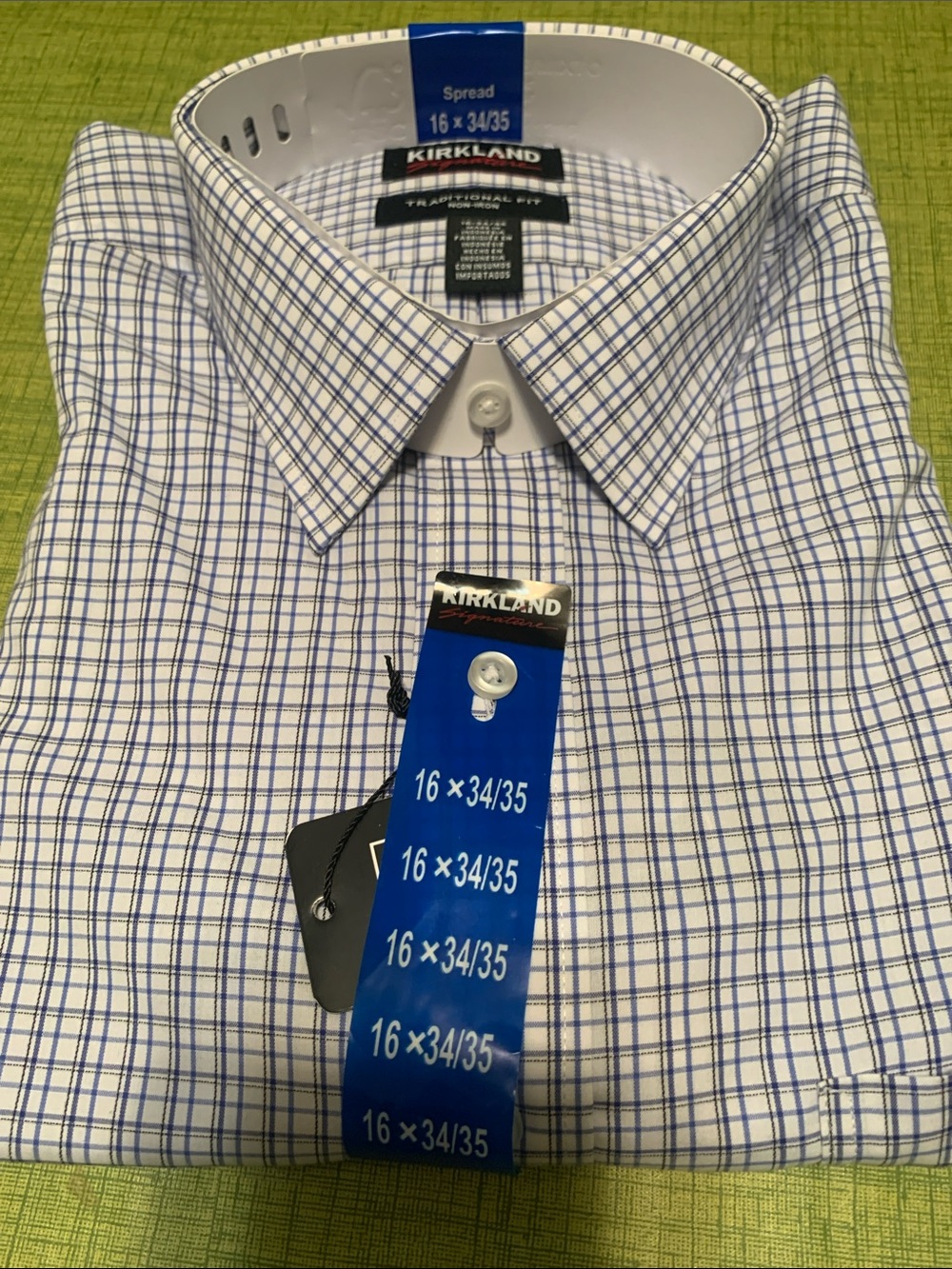 Kirkland Signature White Dress Shirt with Blue Windowpane Plaid